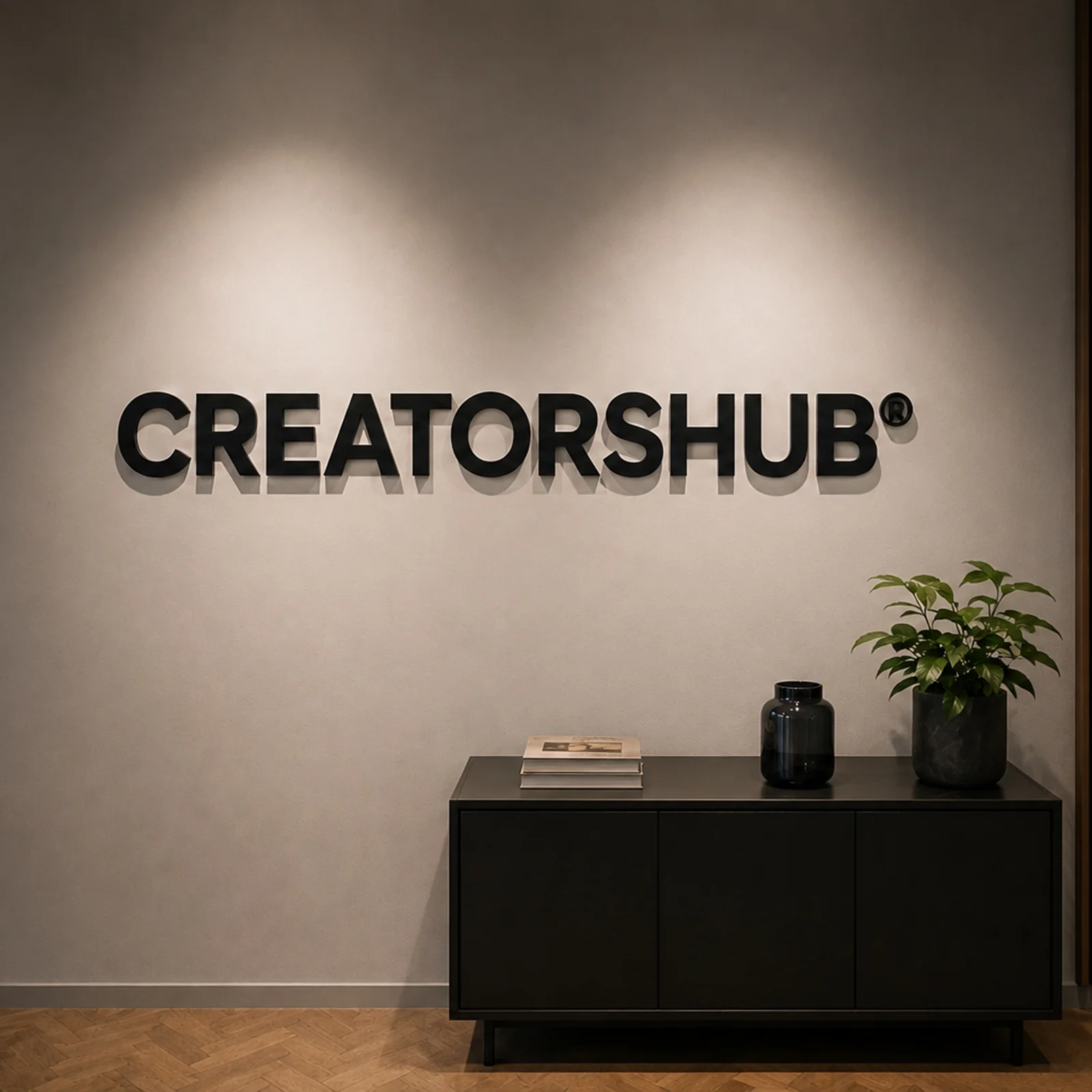 Creatorshub — frontaal aanzicht van de 3D logo signage