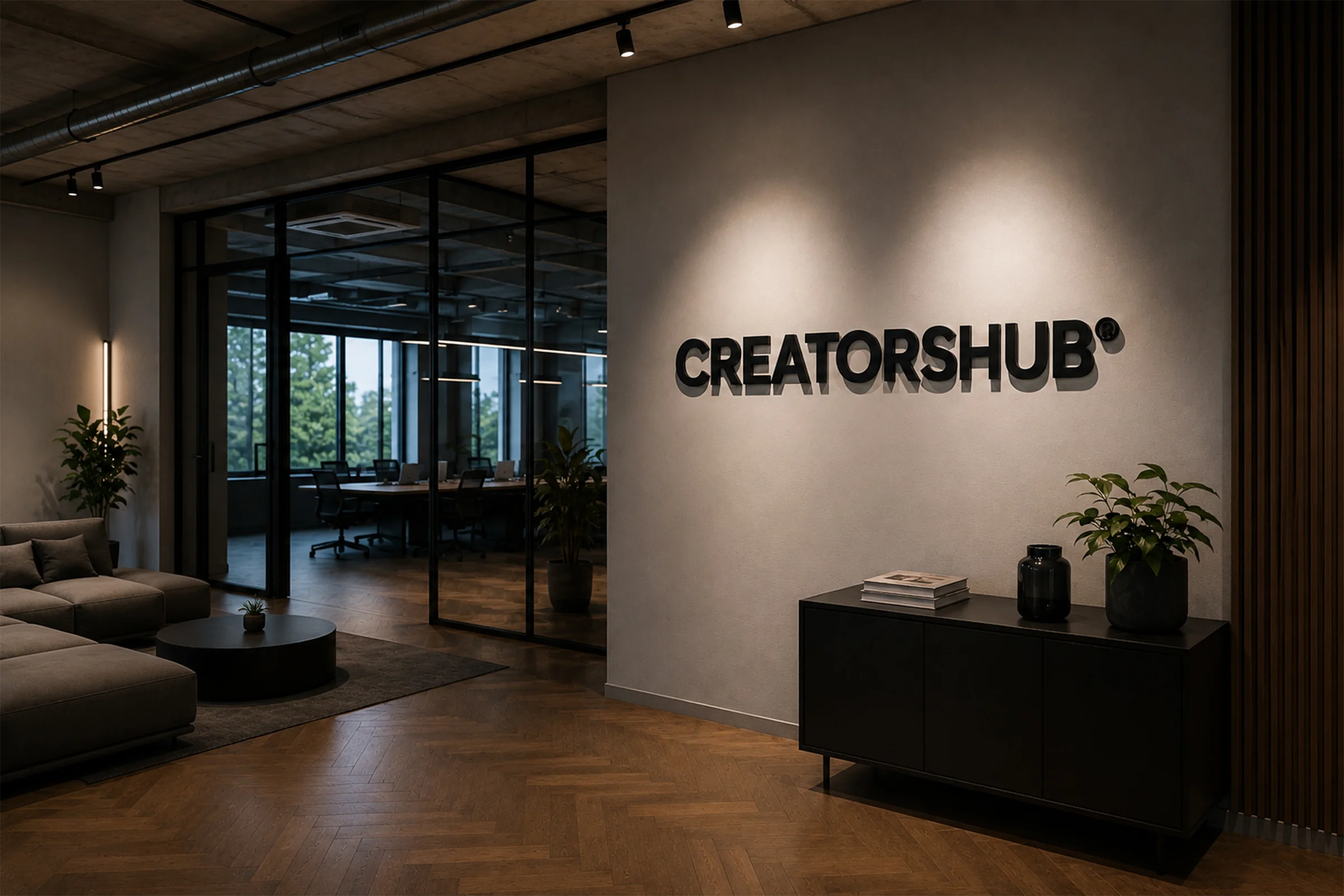 Maatwerk 3D logo signage van Creatorshub in een kantoorinterieur — Living Lumen