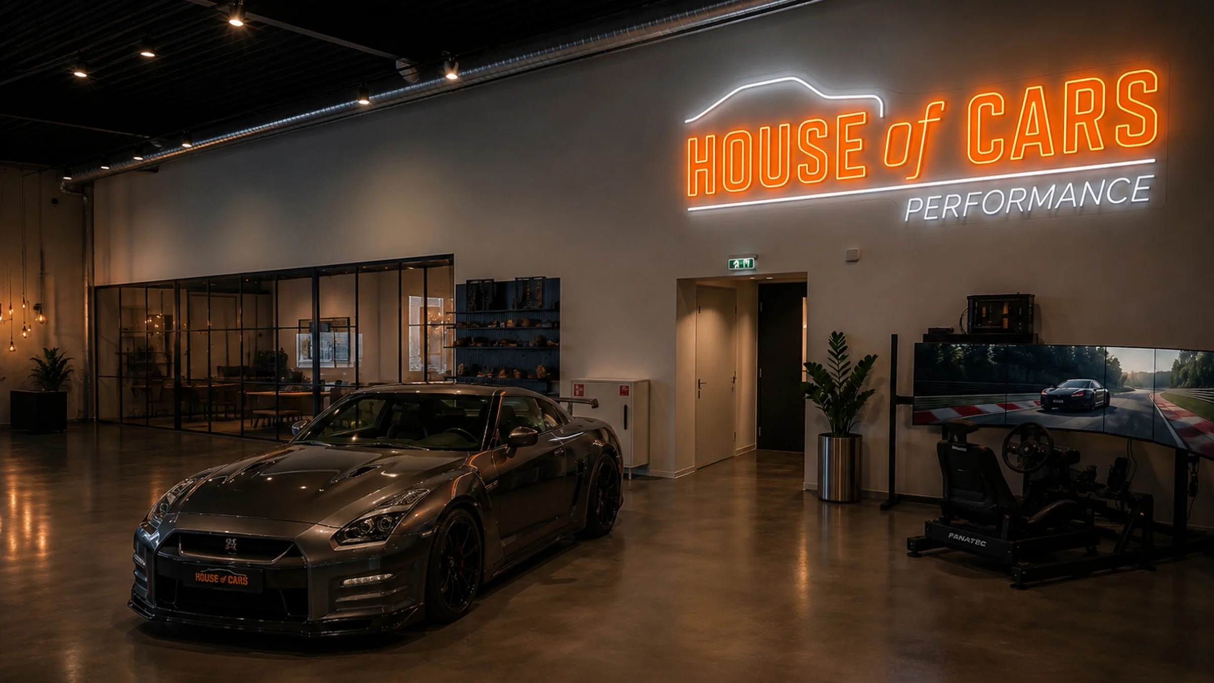 House of Cars neon signage in een premium showroom — Living Lumen