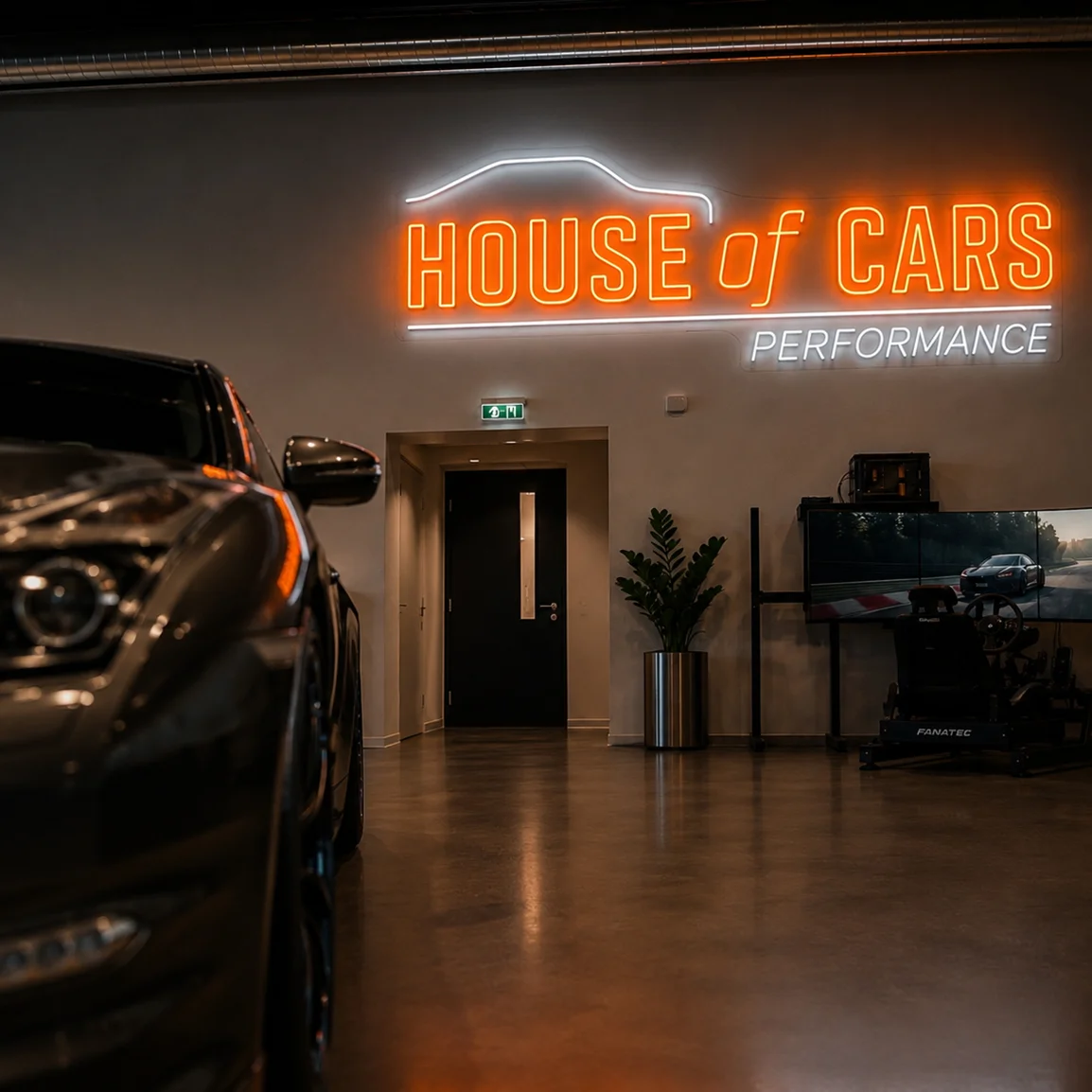 House of Cars — neonbord met sportauto, detail