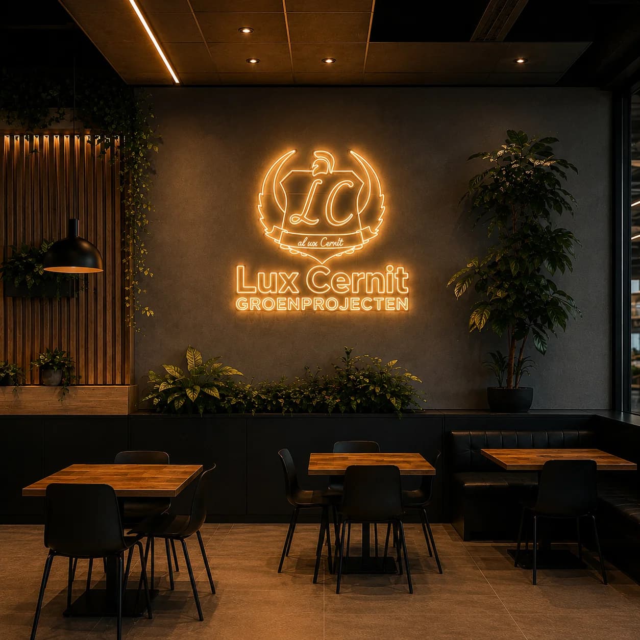 Lux Cernit — verlicht logo, frontaal aanzicht