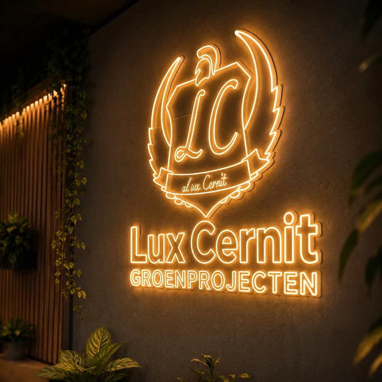 Lux Cernit — frontlit logo signage, schuin aanzicht