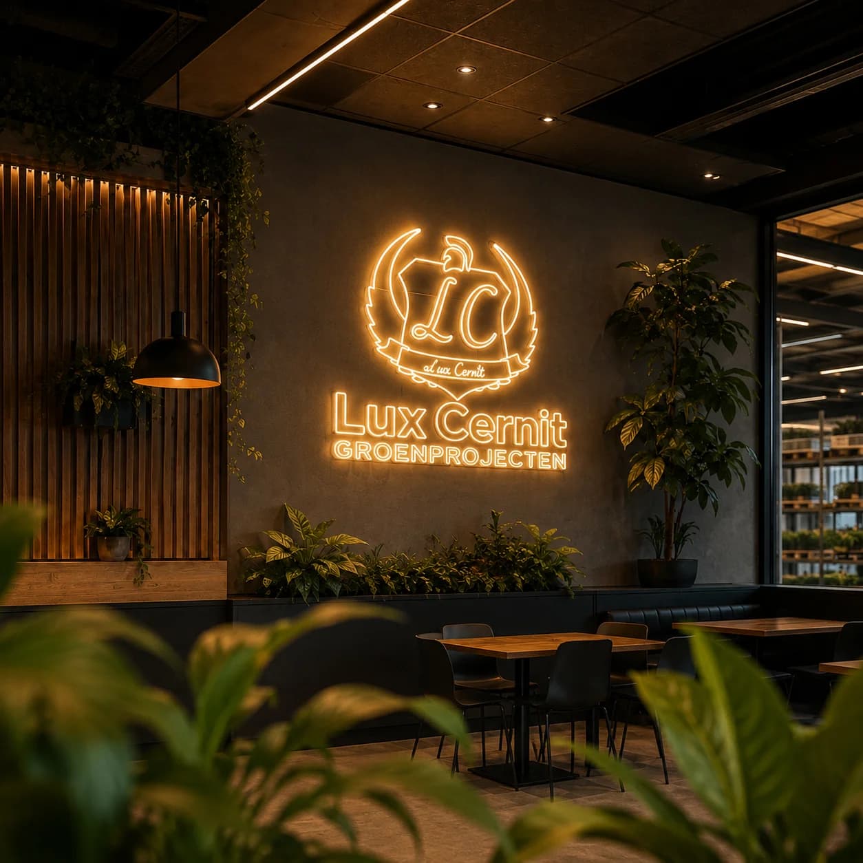 Lux Cernit — overzicht van de showroom met verlicht logo