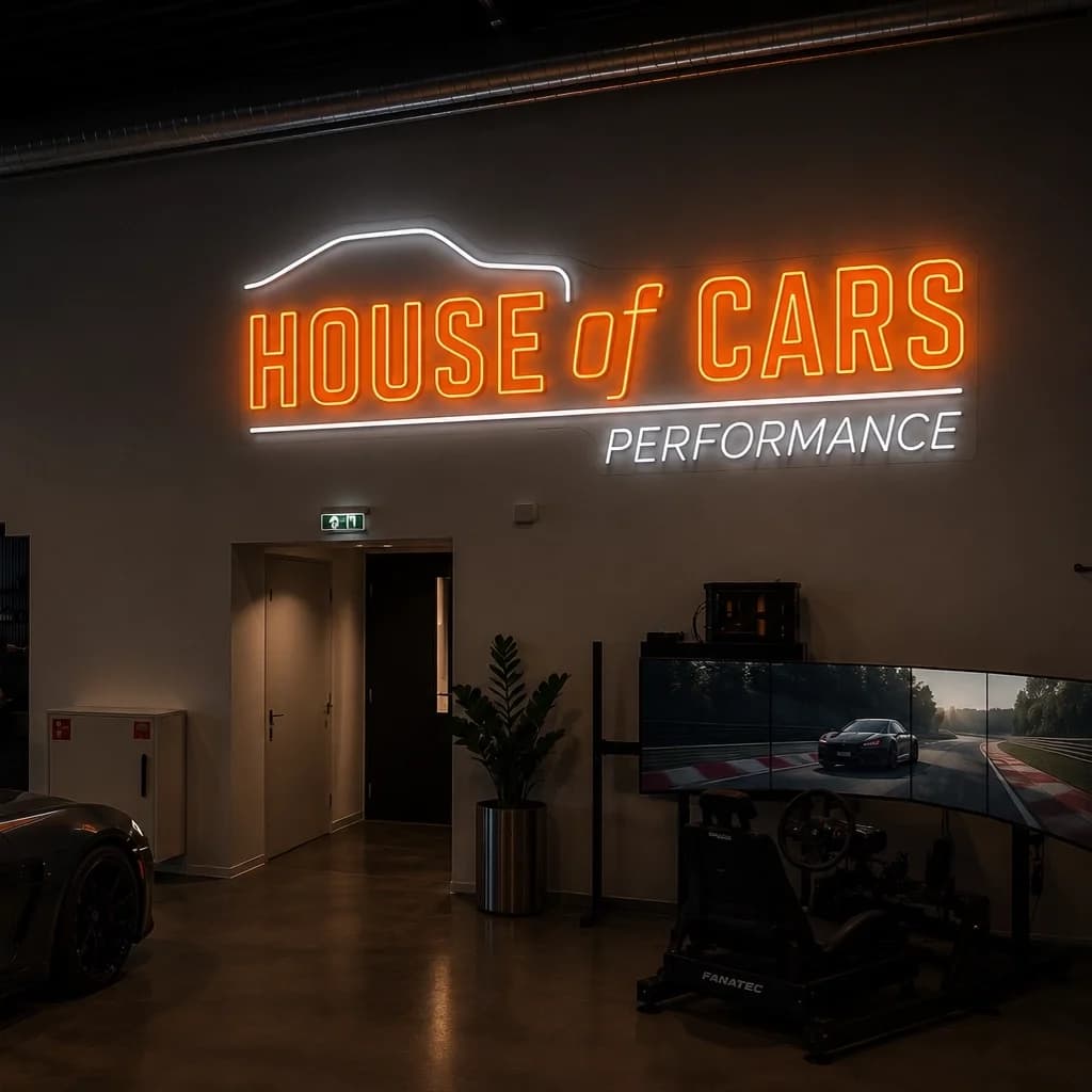 House of Cars — maatwerk neonbord in de showroom