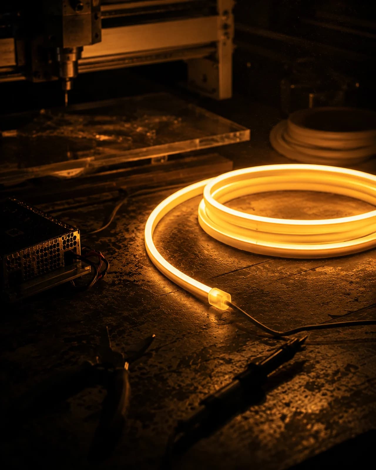 LED-neonflex en gereedschap op de werkbank van Living Lumen.
