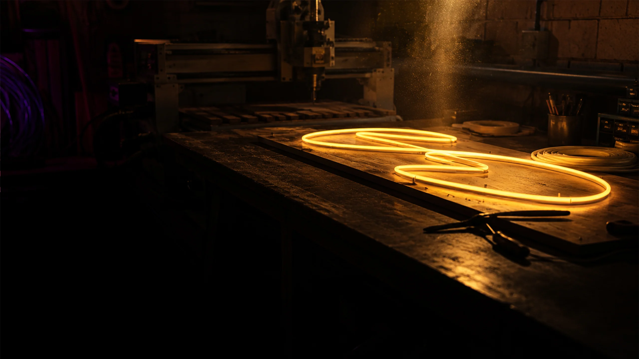 De werkplaats van Living Lumen: een freesmachine met warm gloeiende LED-neonflex.