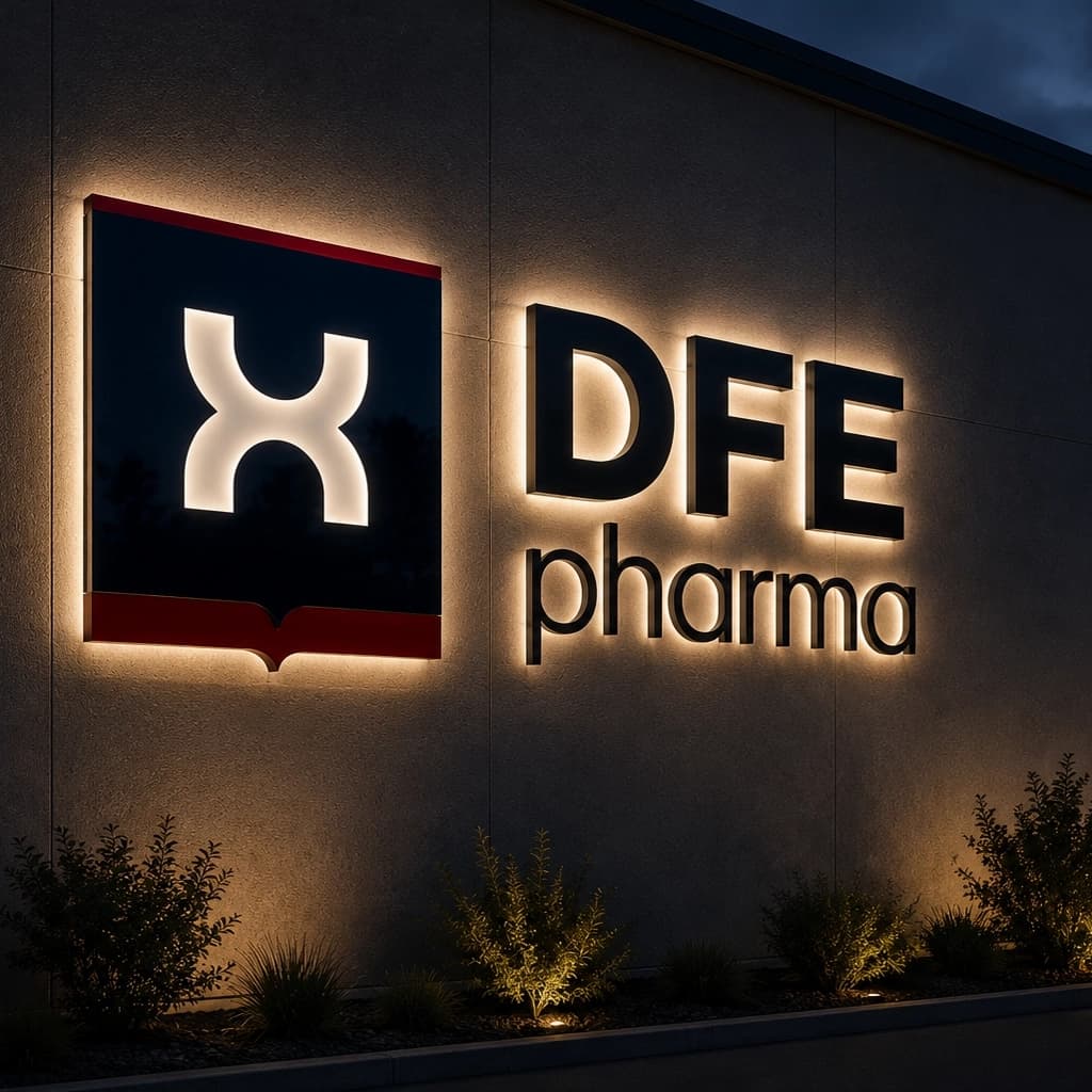 Verlichte gevelreclame DFE Pharma door Living Lumen