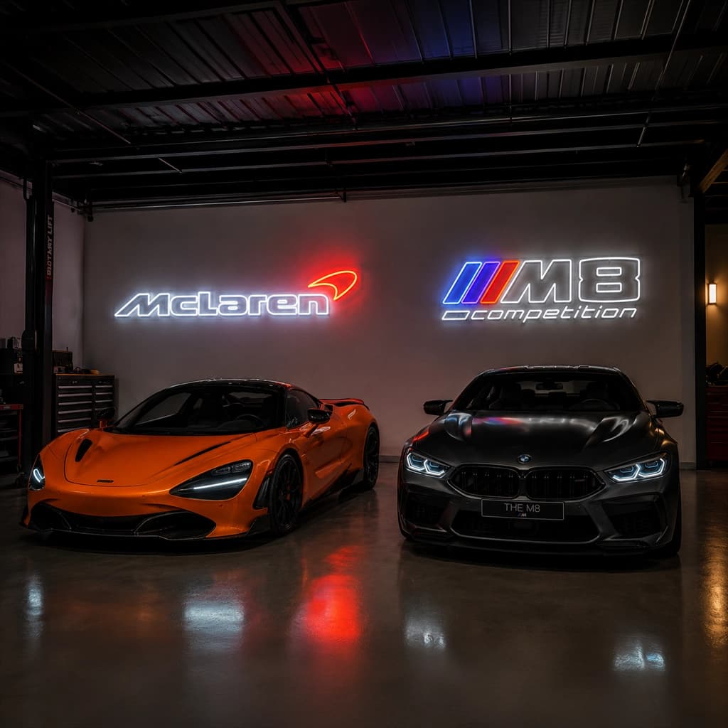 Maatwerk LED neon project McLaren & BMW M8 door Living Lumen