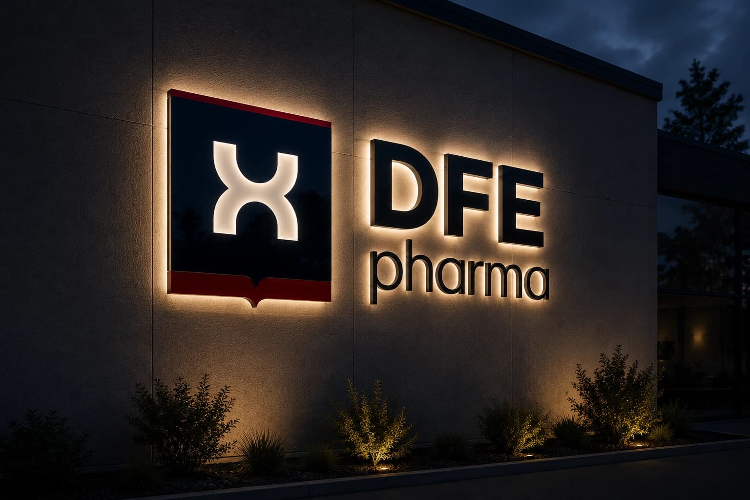 Verlichte LED-gevelsignage van DFE Pharma op een bedrijfspand