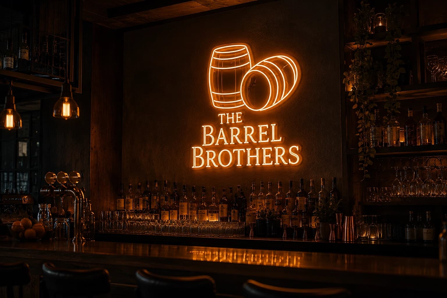Sfeervolle neonverlichting bij The Barrel Brothers in een horeca-interieur