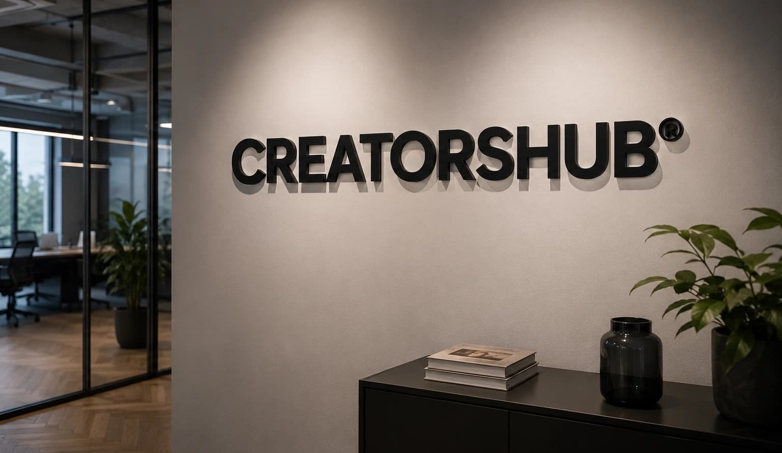 Verlichte merkbranding van Creatorshub in een kantoorinterieur