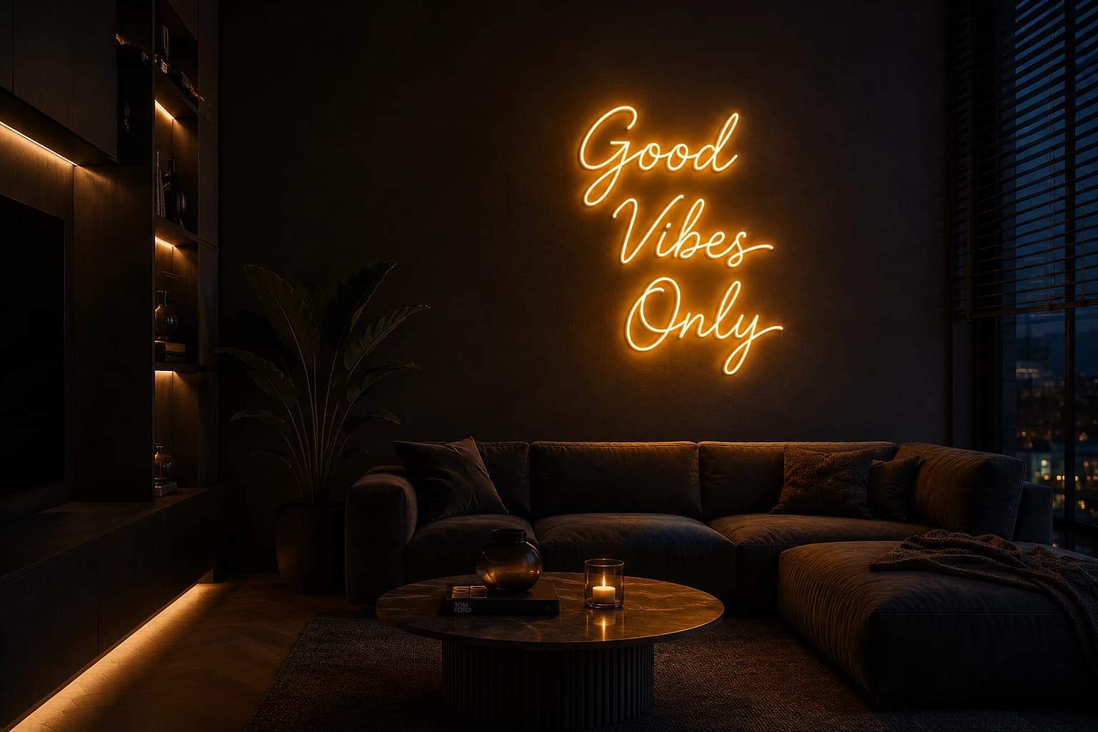 Warm neon 'Good Vibes Only' als sfeervolle blikvanger in een woonkamer