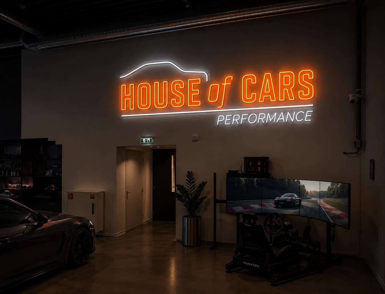 Oranje LED-neon logo van House of Cars in een showroom