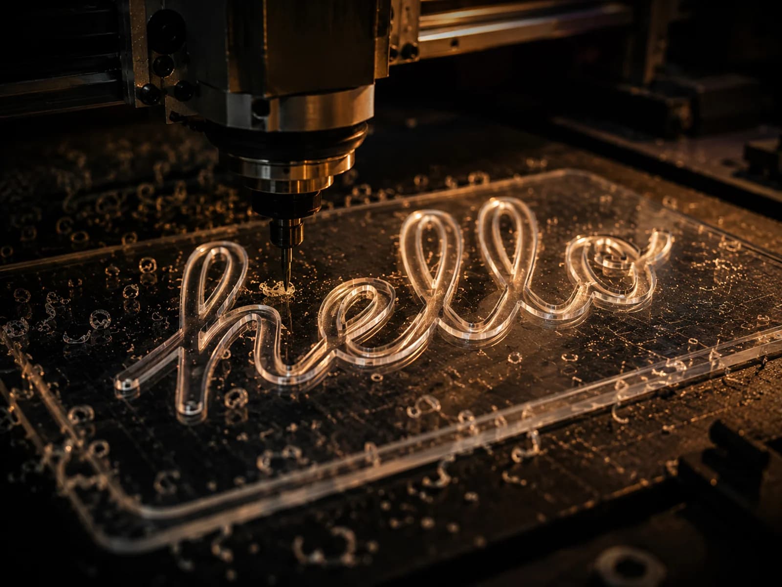 Een CNC-freeskop bewerkt een plaat helder acrylaat, met fijne krullen materiaal en een scherpe rand.