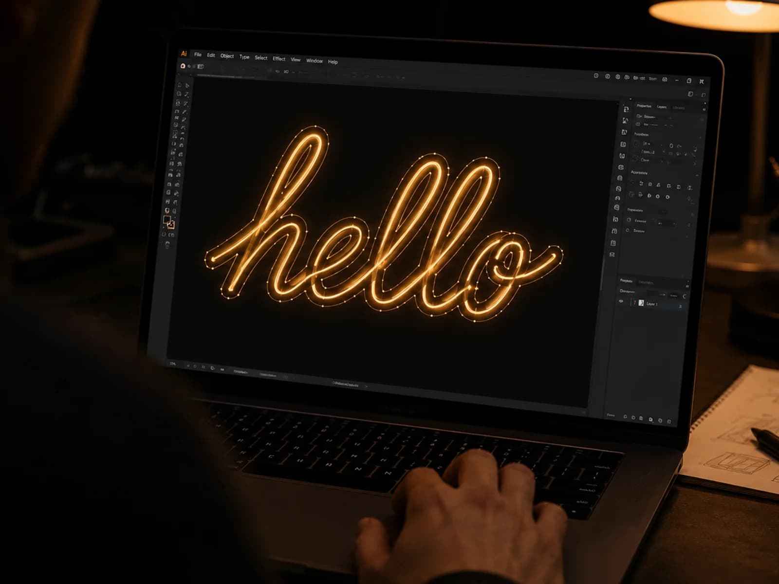 Over-the-shoulder beeld van een laptop in een donkere studio met het gloeiende neonontwerp in beeld.