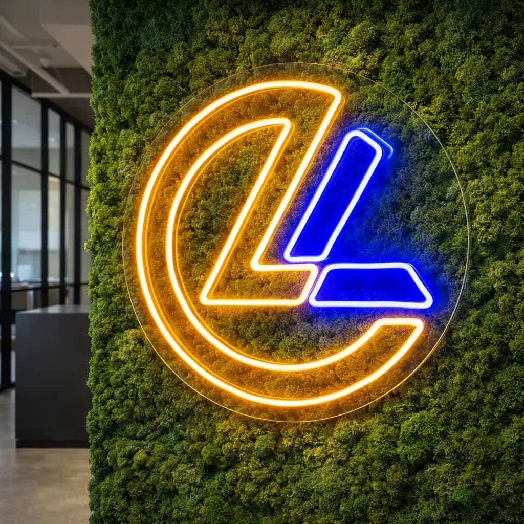 Maatwerk LED neon logo gemonteerd op een groene moswand in modern kantoorinterieur.