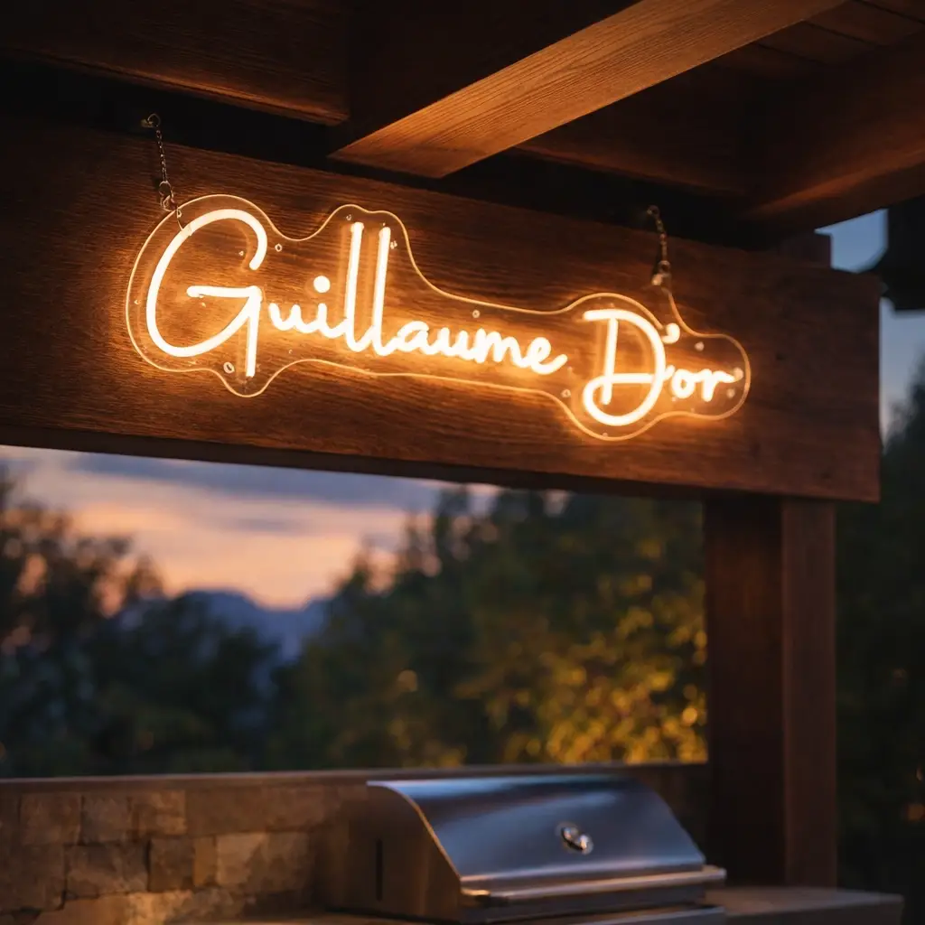 Maatwerk neon verlichting met naam boven buitenkeuken op veranda
