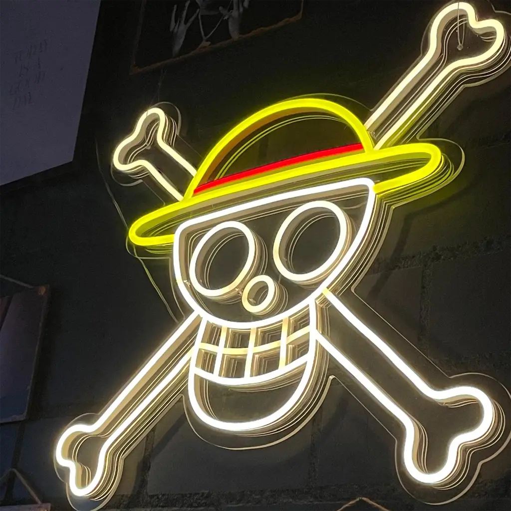 LED neon logo op maat in anime stijl gemonteerd op donkere wand