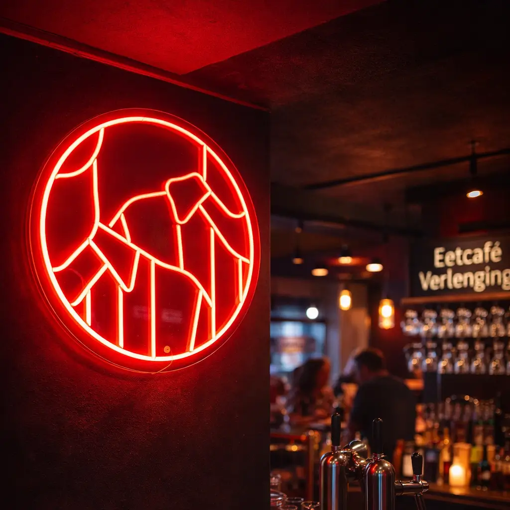 Rood LED neon logo aan de muur in een horecazaak, maatwerk neon verlichting voor café interieur.