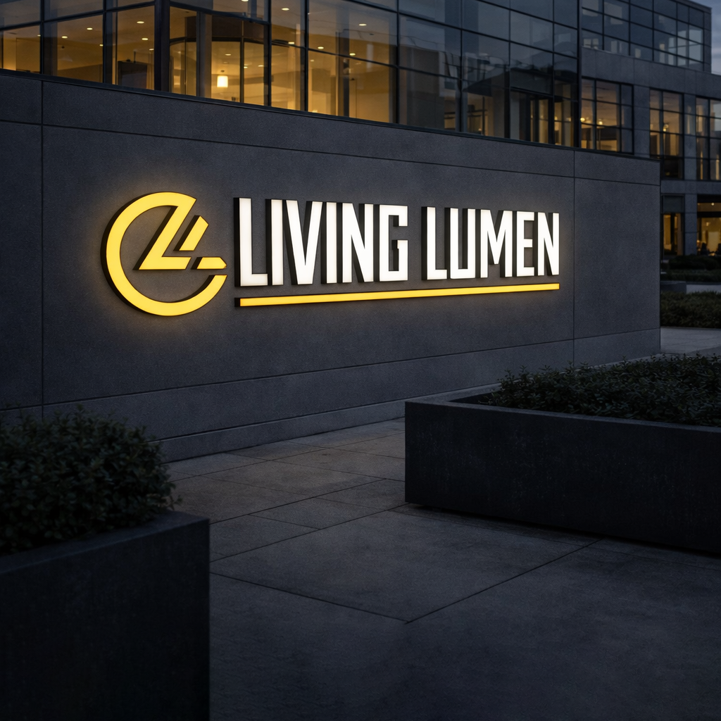 Verlicht Living Lumen logo op gevel van modern bedrijfspand in de avond