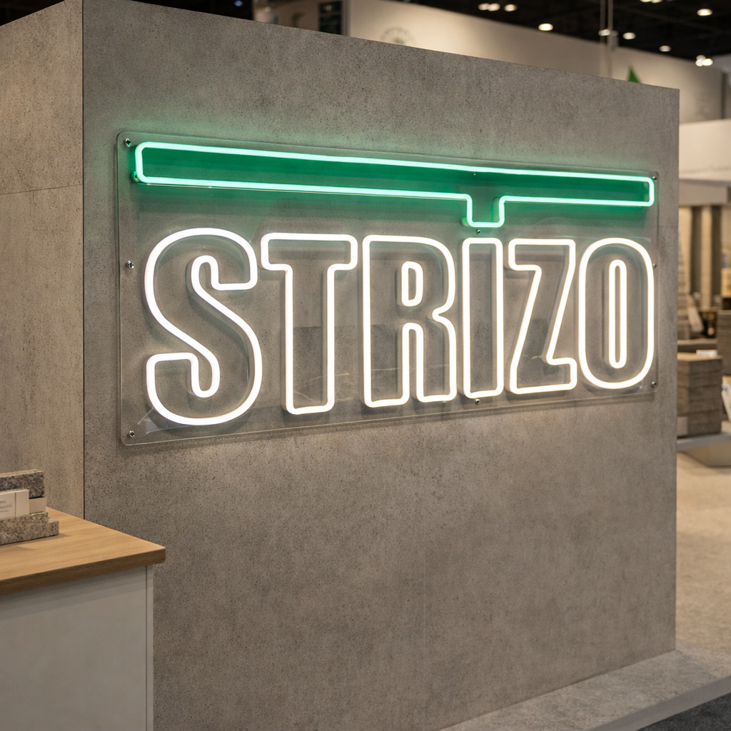 LED neon sign STRIZO op beursstand van aannemer met professionele uitstraling