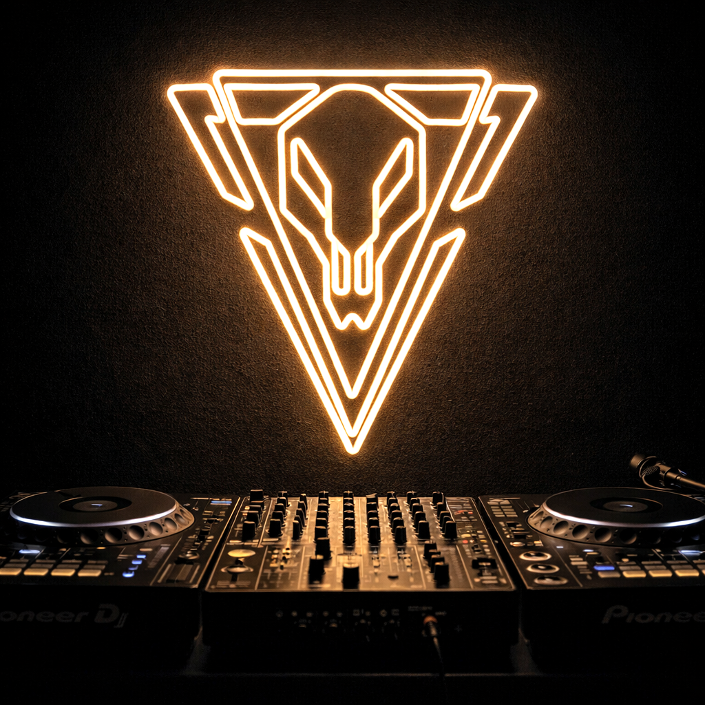 LED neon logo achter DJ booth met professionele draaitafel setup