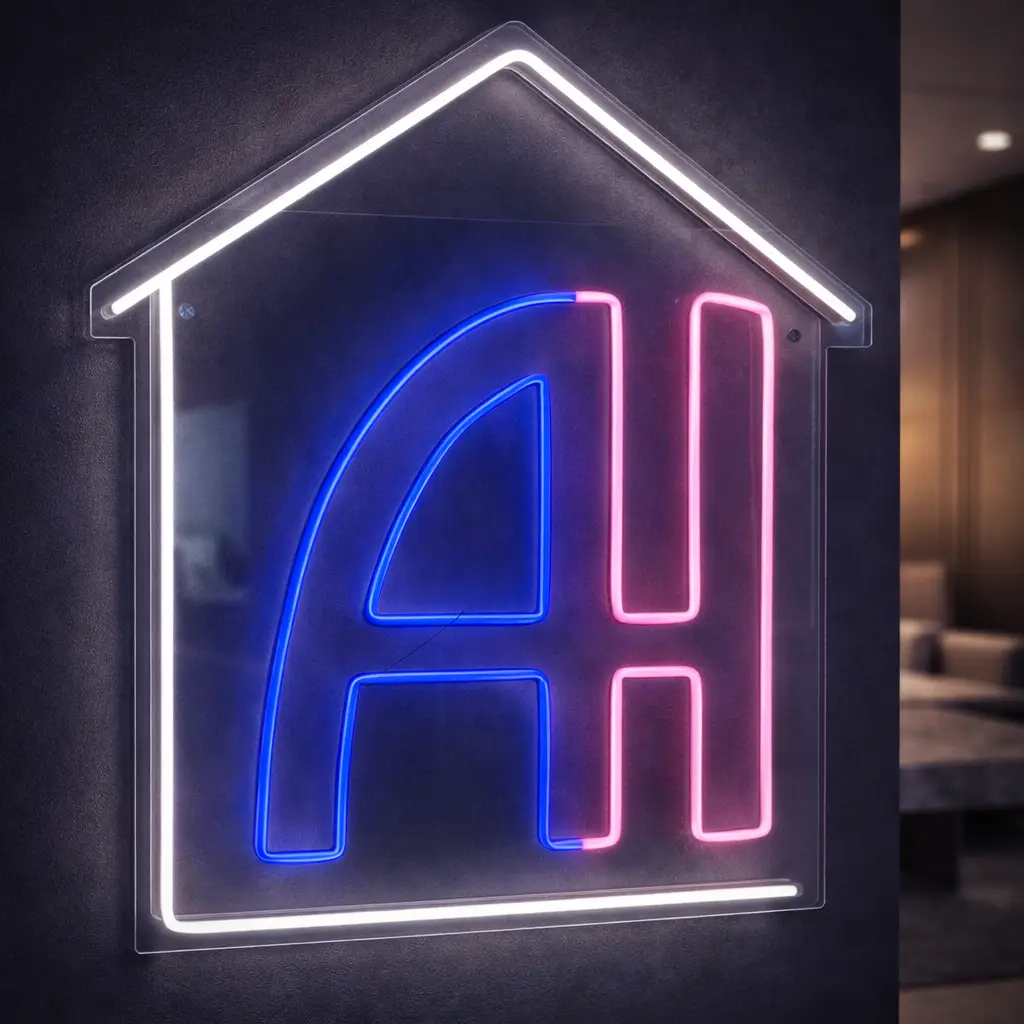 Maatwerk LED neon logo op transparant wandpaneel in modern kantoor