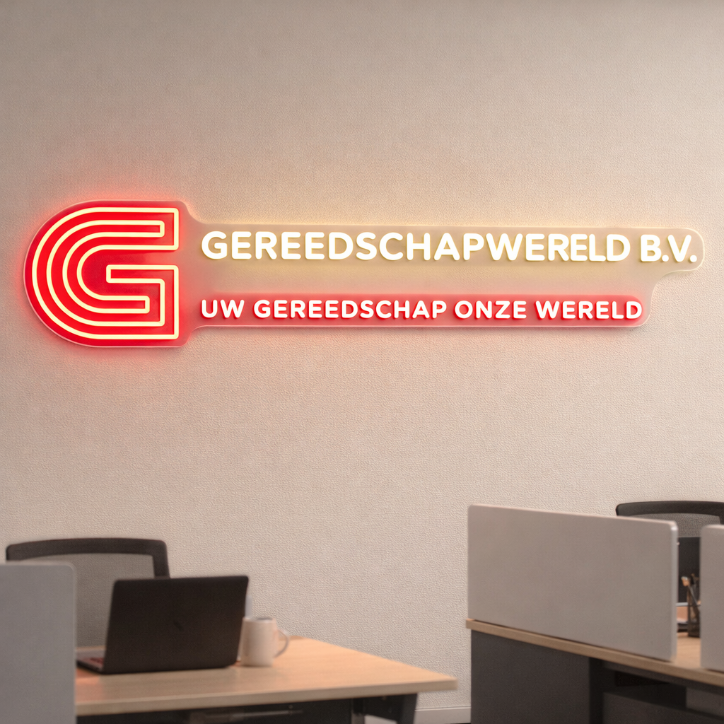 LED neon logo Gereedschapwereld op moswand in kantoor