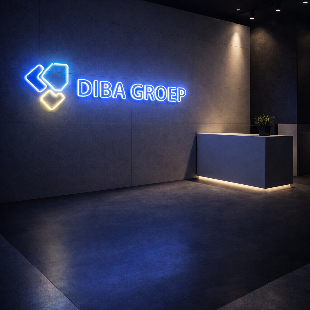 LED neon sign DIBA Groep op beursstand met kunststofvloeren