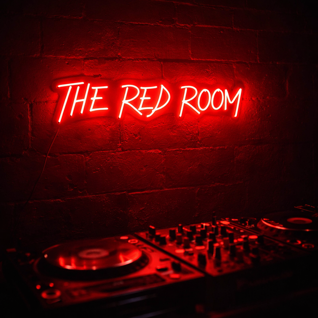 Rood LED neon sign achter DJ booth in donkere clubruimte