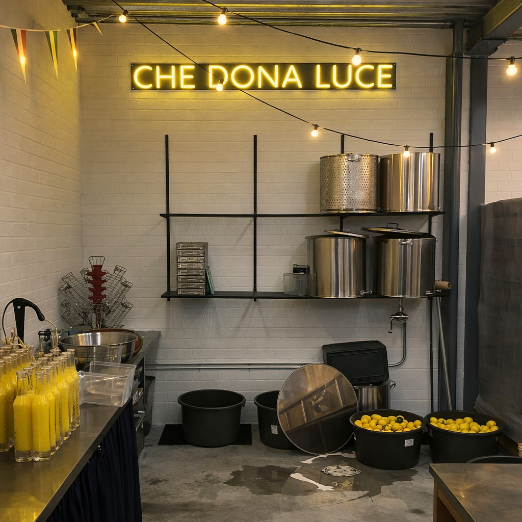 Geel LED neon sign in horecaproductieruimte met industriële inrichting