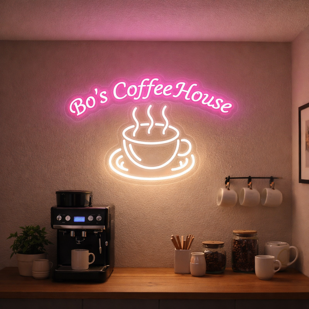 Roze LED neon sign Bo’s Coffee House in thuis koffiehoek