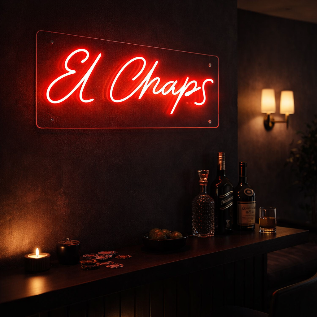 Rood LED neon sign El Chaps in moderne mancave